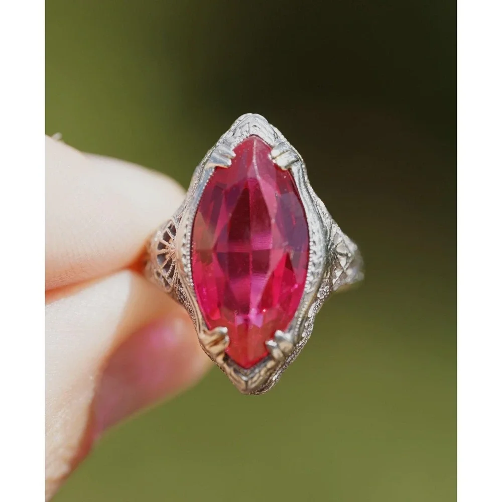 Antique 14k Solid White Gold Filigree‎ Engraved Man Made Red Ruby Ring Marquise
